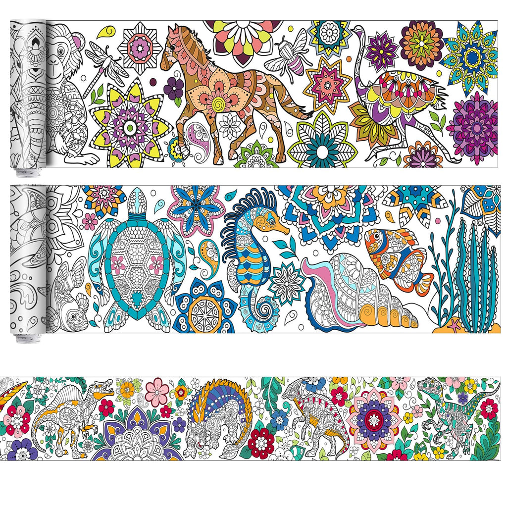 Pasimy 3 Giant Mandala Animal Coloring Posters - 11.8 x 118 Inch Jumbo DIY Art Paper Sheets for Kids and Adults