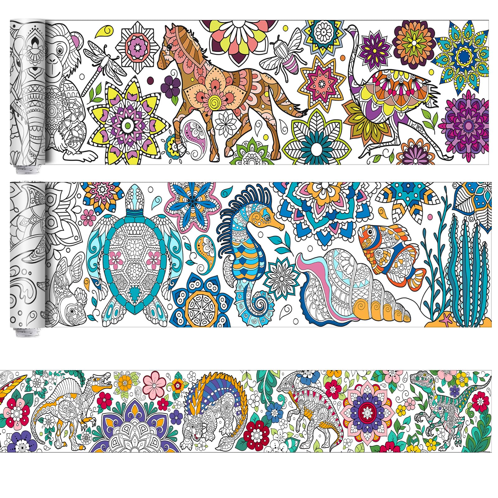 Pasimy 3 Giant Mandala Animal Coloring Posters - 11.8 x 118 Inch Jumbo DIY Art Paper Sheets for Kids and Adults