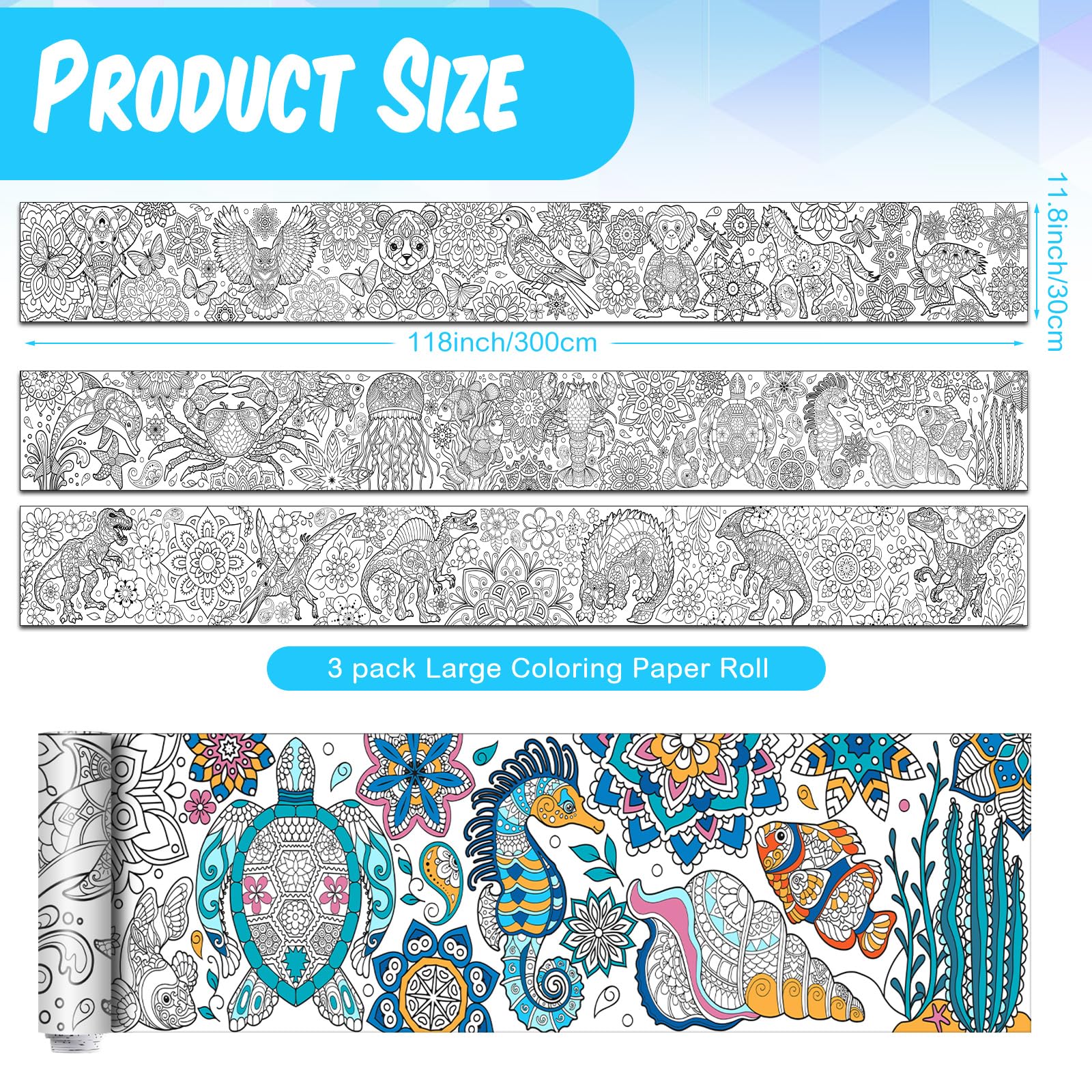 Pasimy 3 Giant Mandala Animal Coloring Posters - 11.8 x 118 Inch Jumbo DIY Art Paper Sheets for Kids and Adults