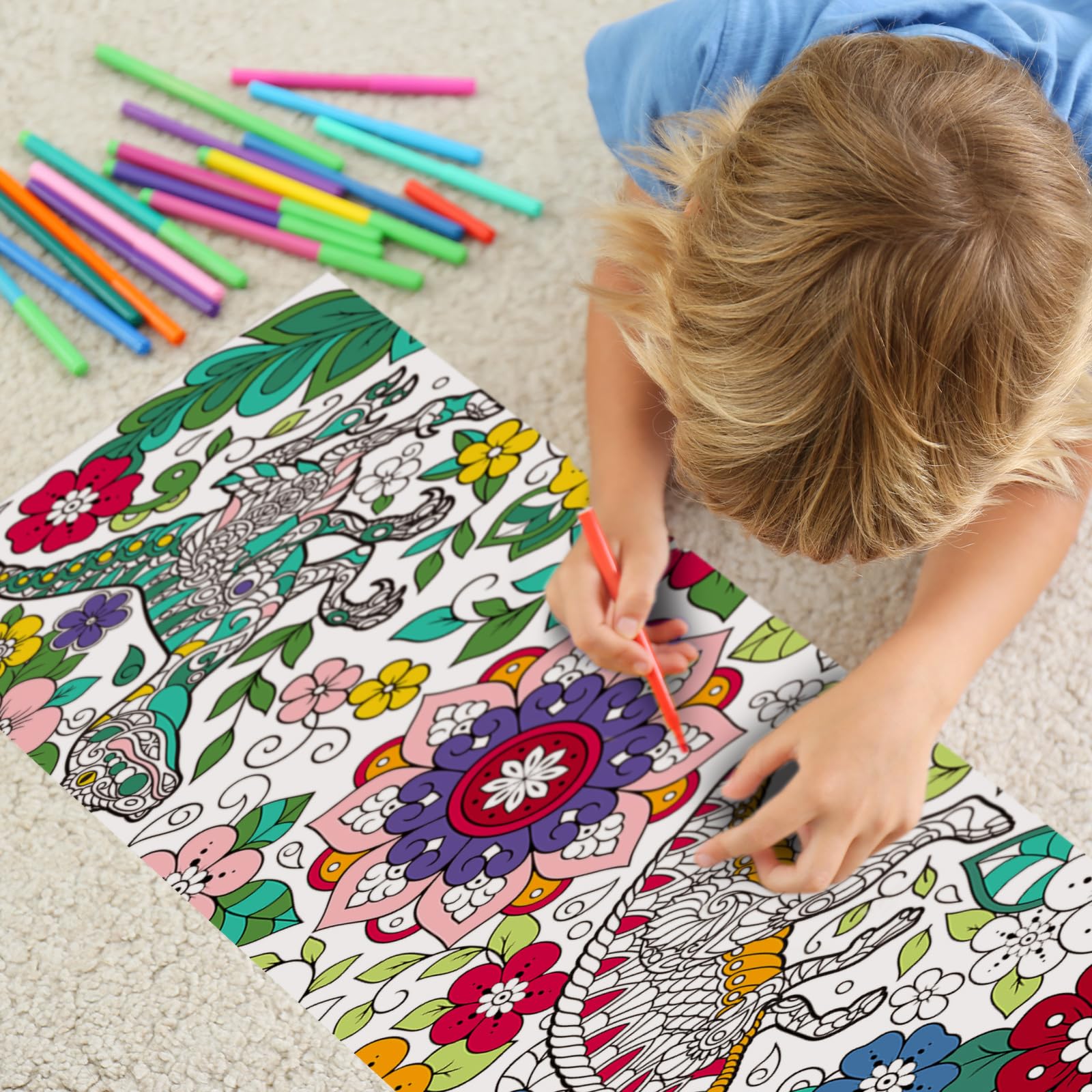 Pasimy 3 Giant Mandala Animal Coloring Posters - 11.8 x 118 Inch Jumbo DIY Art Paper Sheets for Kids and Adults