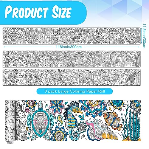 Pasimy 3 Giant Mandala Animal Coloring Posters - 11.8 x 118 Inch Jumbo DIY Art Paper Sheets for Kids and Adults