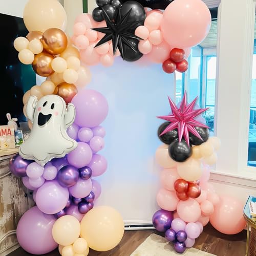 Pastel Halloween Balloon Arch Kit – Pink Purple Orange Black with Ghost & Star Foil