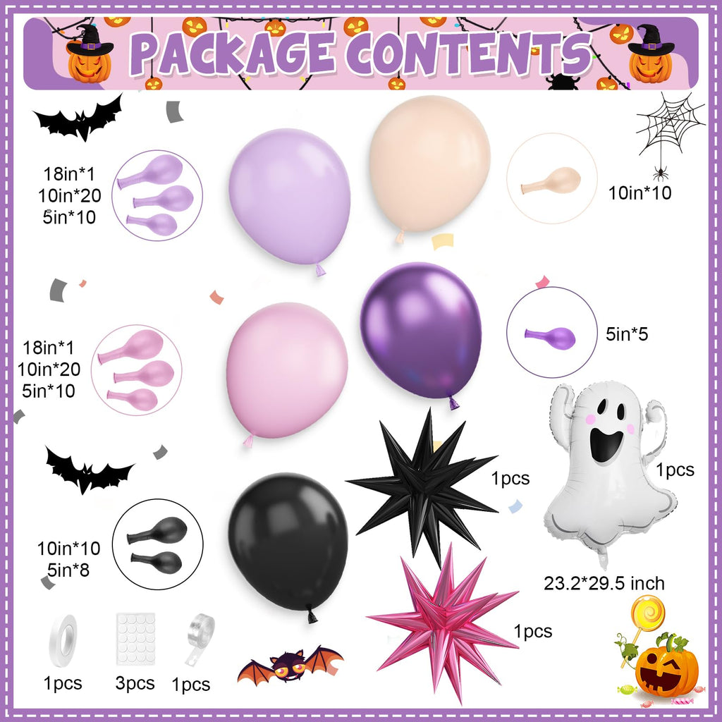 Pastel Halloween Balloon Arch Kit – Pink Purple Orange Black with Ghost & Star Foil