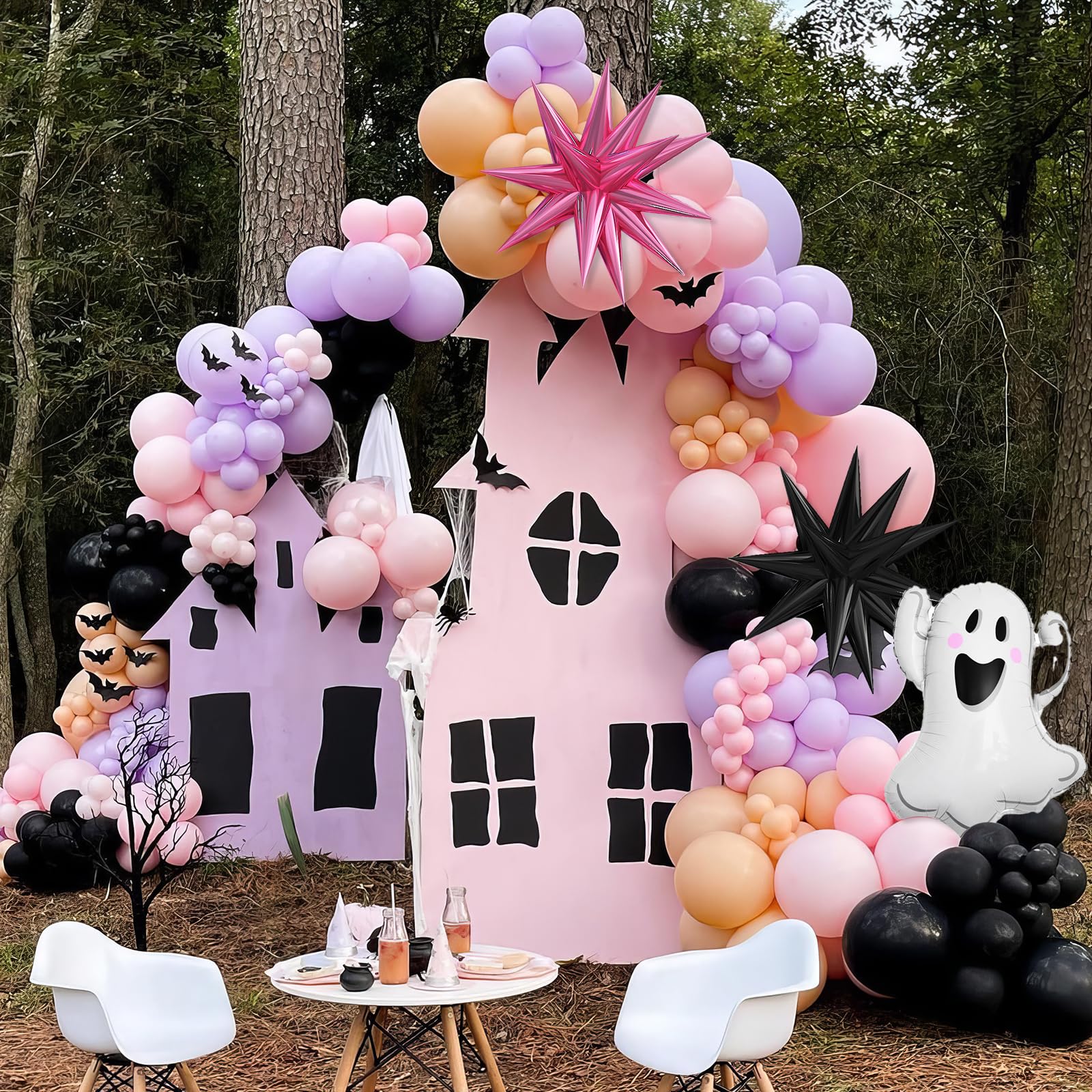 Pastel Halloween Balloon Arch Kit – Pink Purple Orange Black with Ghost & Star Foil