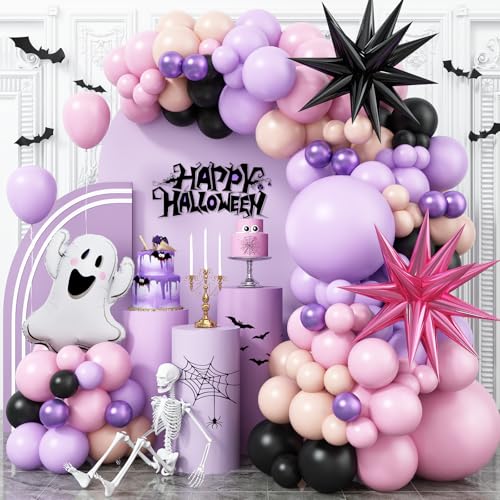Pastel Halloween Balloon Arch Kit – Pink Purple Orange Black with Ghost & Star Foil