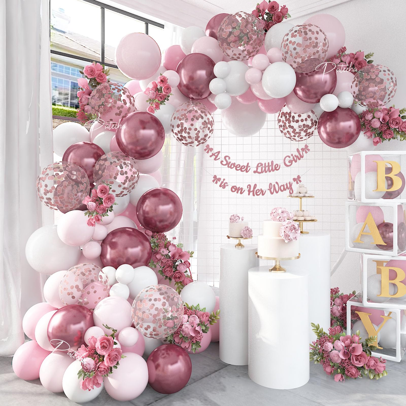 Pateeha 12ft Pink & White Balloon Arch Kit with Rose Gold Accents – Party Garland for Birthday, Baby Shower, Bridal Shower