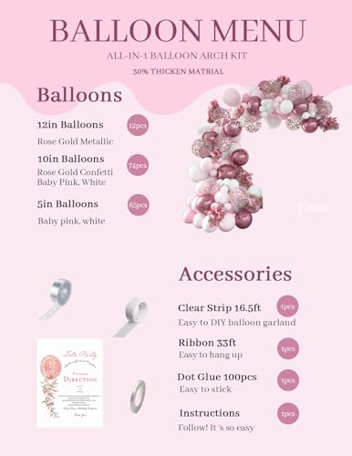 Pateeha 12ft Pink & White Balloon Arch Kit with Rose Gold Accents – Party Garland for Birthday, Baby Shower, Bridal Shower