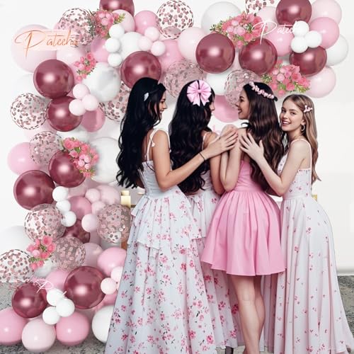 Pateeha 12ft Pink & White Balloon Arch Kit with Rose Gold Accents – Party Garland for Birthday, Baby Shower, Bridal Shower