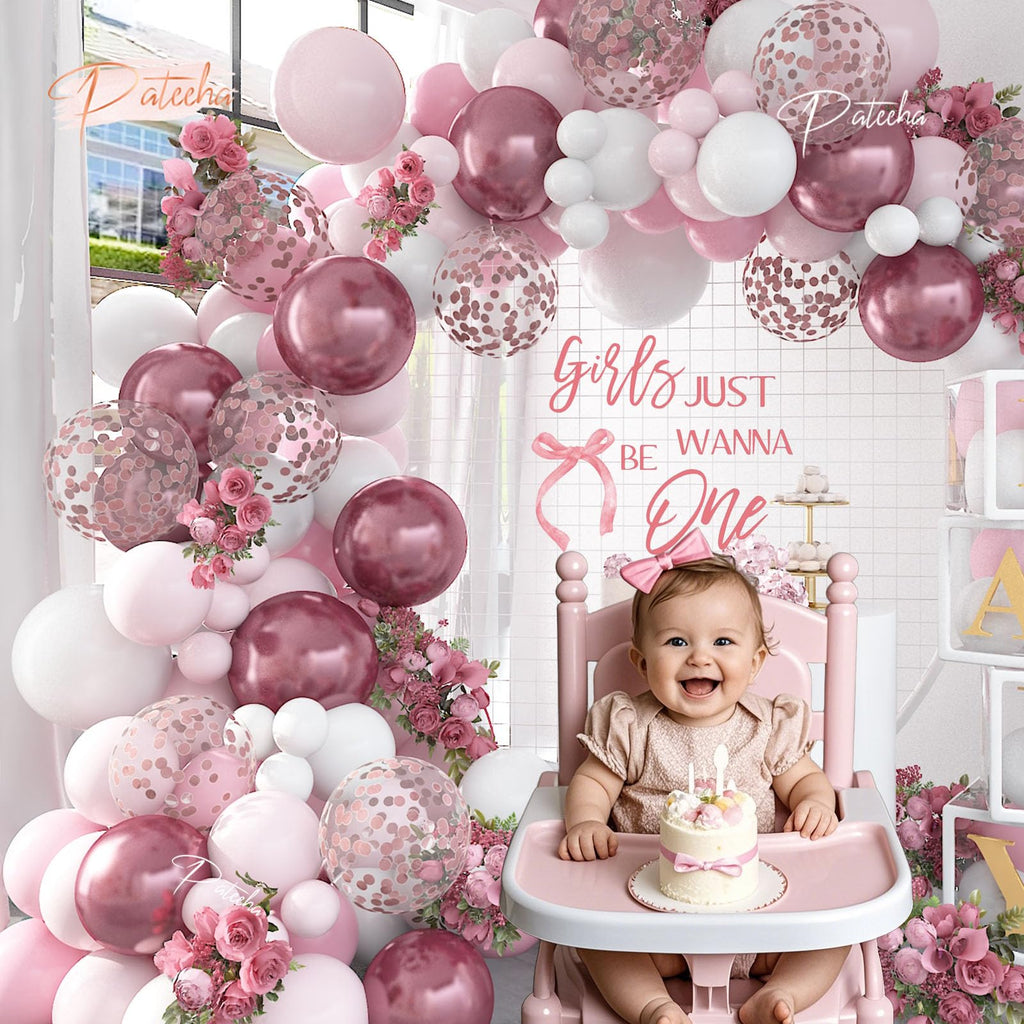 Pateeha 12ft Pink & White Balloon Arch Kit with Rose Gold Accents – Party Garland for Birthday, Baby Shower, Bridal Shower