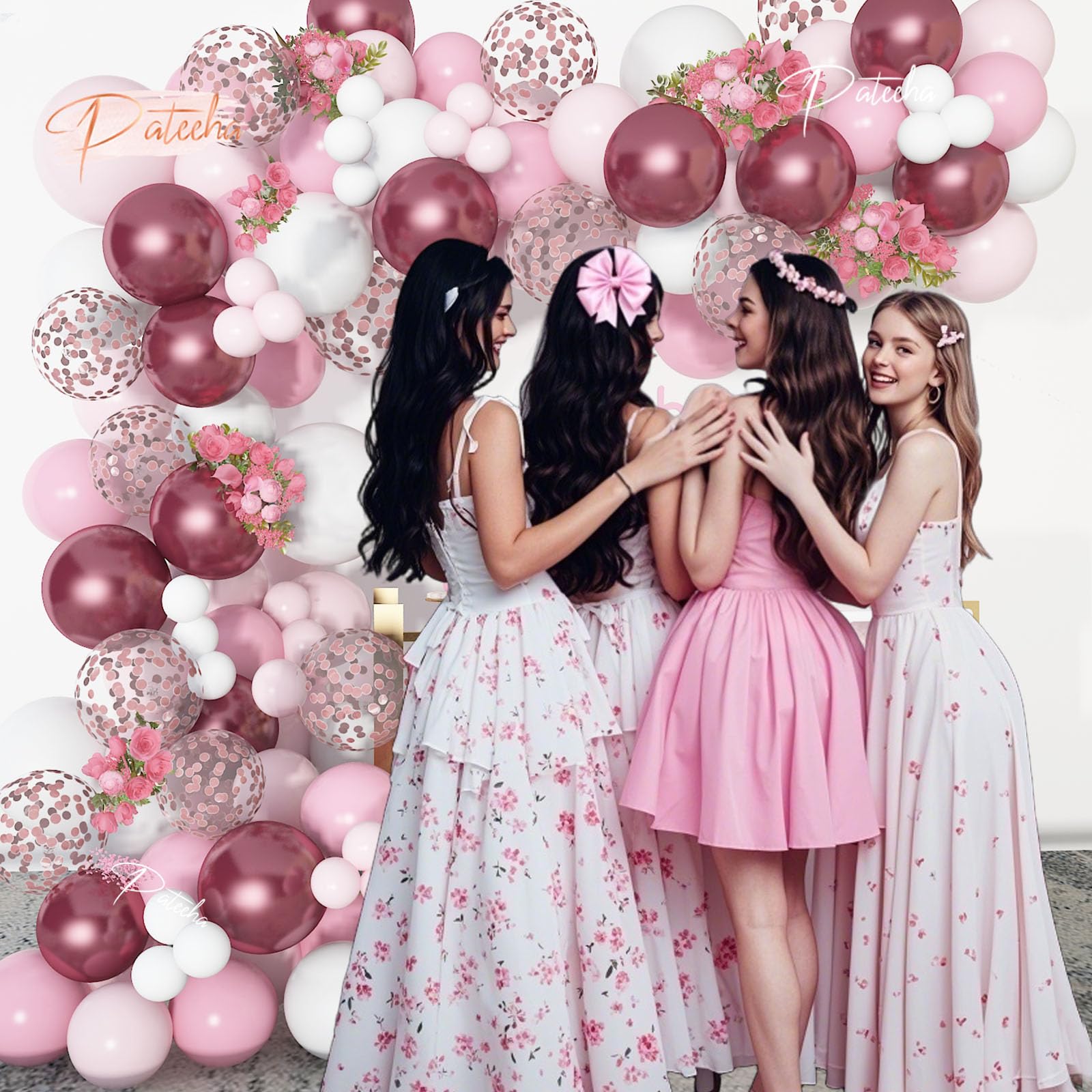 Pateeha 12ft Pink & White Balloon Arch Kit with Rose Gold Accents – Party Garland for Birthday, Baby Shower, Bridal Shower