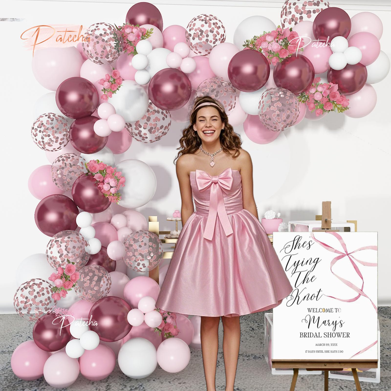 Pateeha 12ft Pink & White Balloon Arch Kit with Rose Gold Accents – Party Garland for Birthday, Baby Shower, Bridal Shower