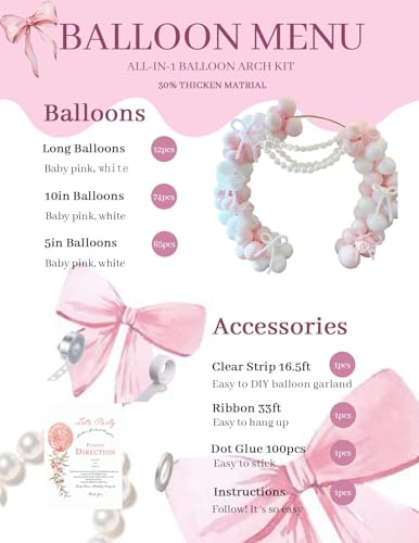 Pateeha Pink Bow Balloon Arch Kit - 155 Piece Coquette Birthday Decorations with Pink and White Balloons for Bridal Shower, Bachelorette, Baby Shower