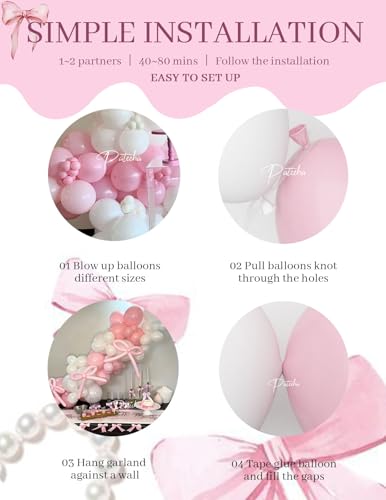 Pateeha Pink Bow Balloon Arch Kit - 155 Piece Coquette Birthday Decorations with Pink and White Balloons for Bridal Shower, Bachelorette, Baby Shower