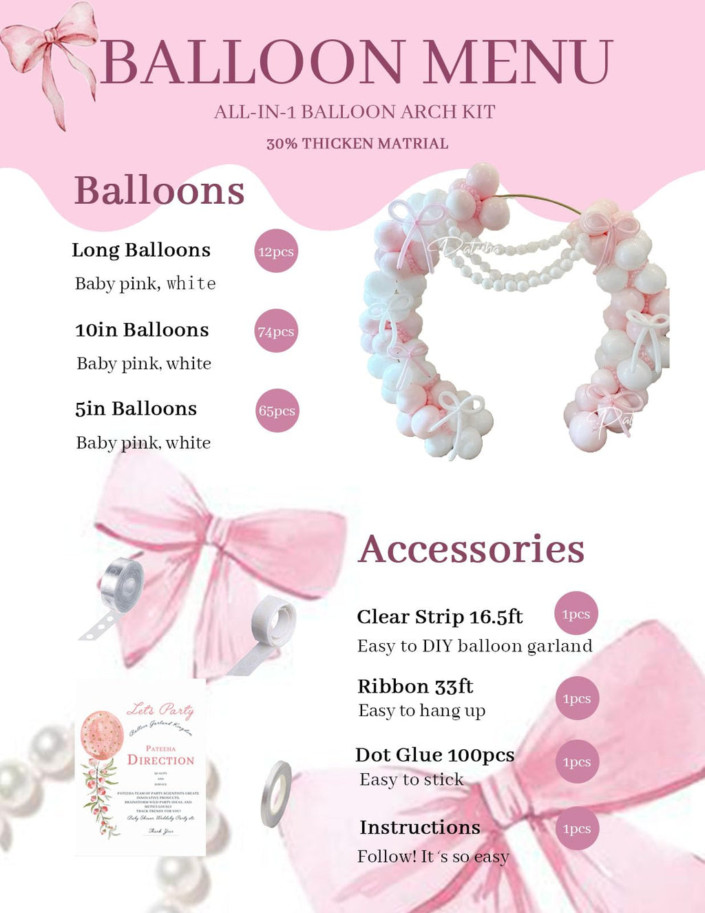 Pateeha Pink Bow Balloon Arch Kit - 155 Piece Coquette Birthday Decorations with Pink and White Balloons for Bridal Shower, Bachelorette, Baby Shower