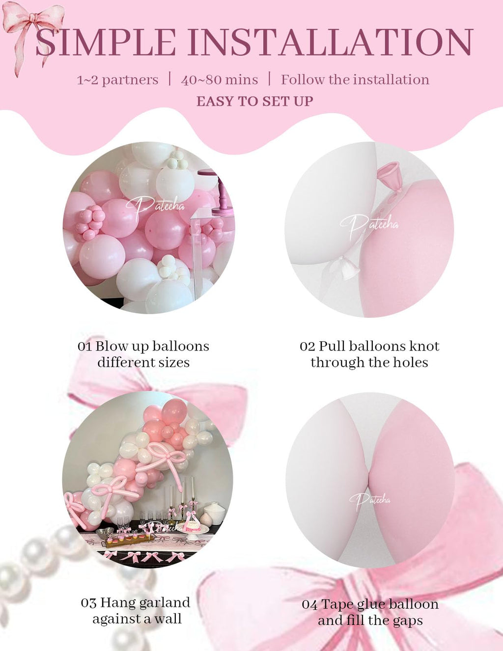 Pateeha Pink Bow Balloon Arch Kit - 155 Piece Coquette Birthday Decorations with Pink and White Balloons for Bridal Shower, Bachelorette, Baby Shower