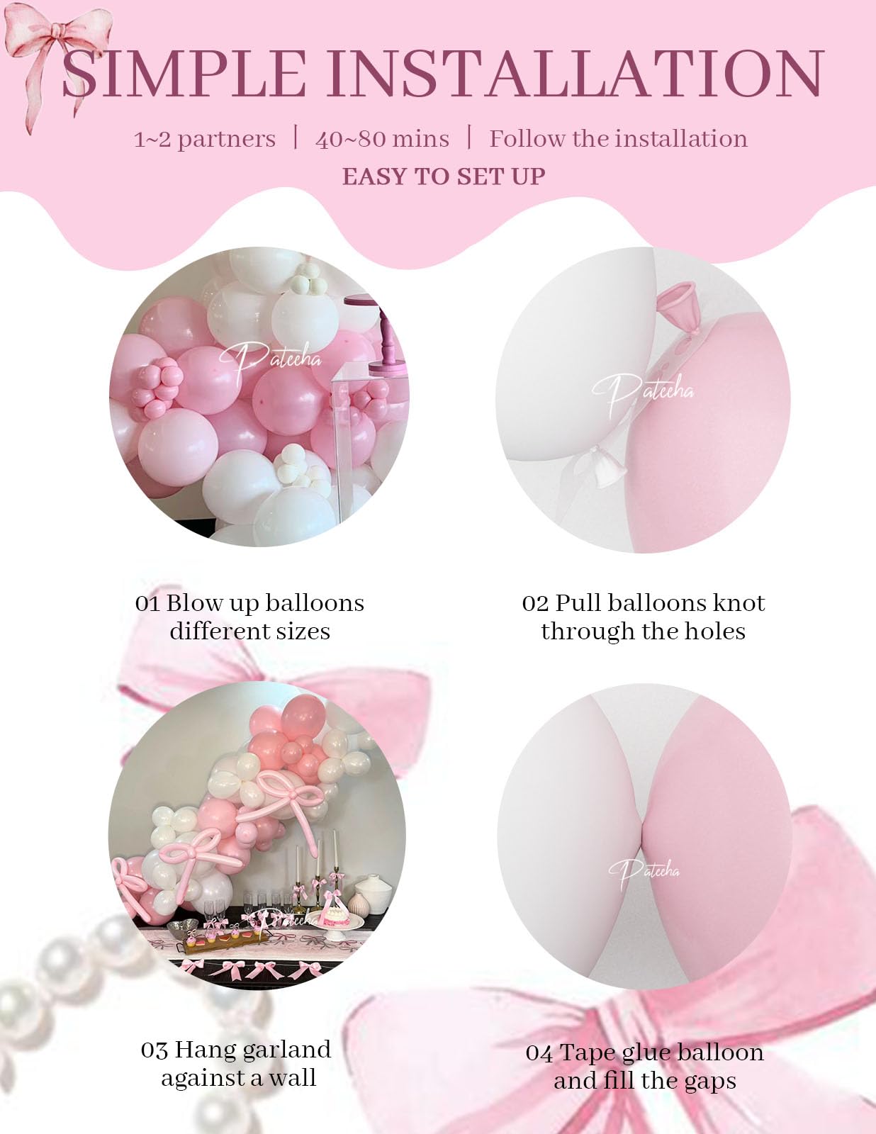 Pateeha Pink Bow Balloon Arch Kit - 155 Piece Coquette Birthday Decorations with Pink and White Balloons for Bridal Shower, Bachelorette, Baby Shower