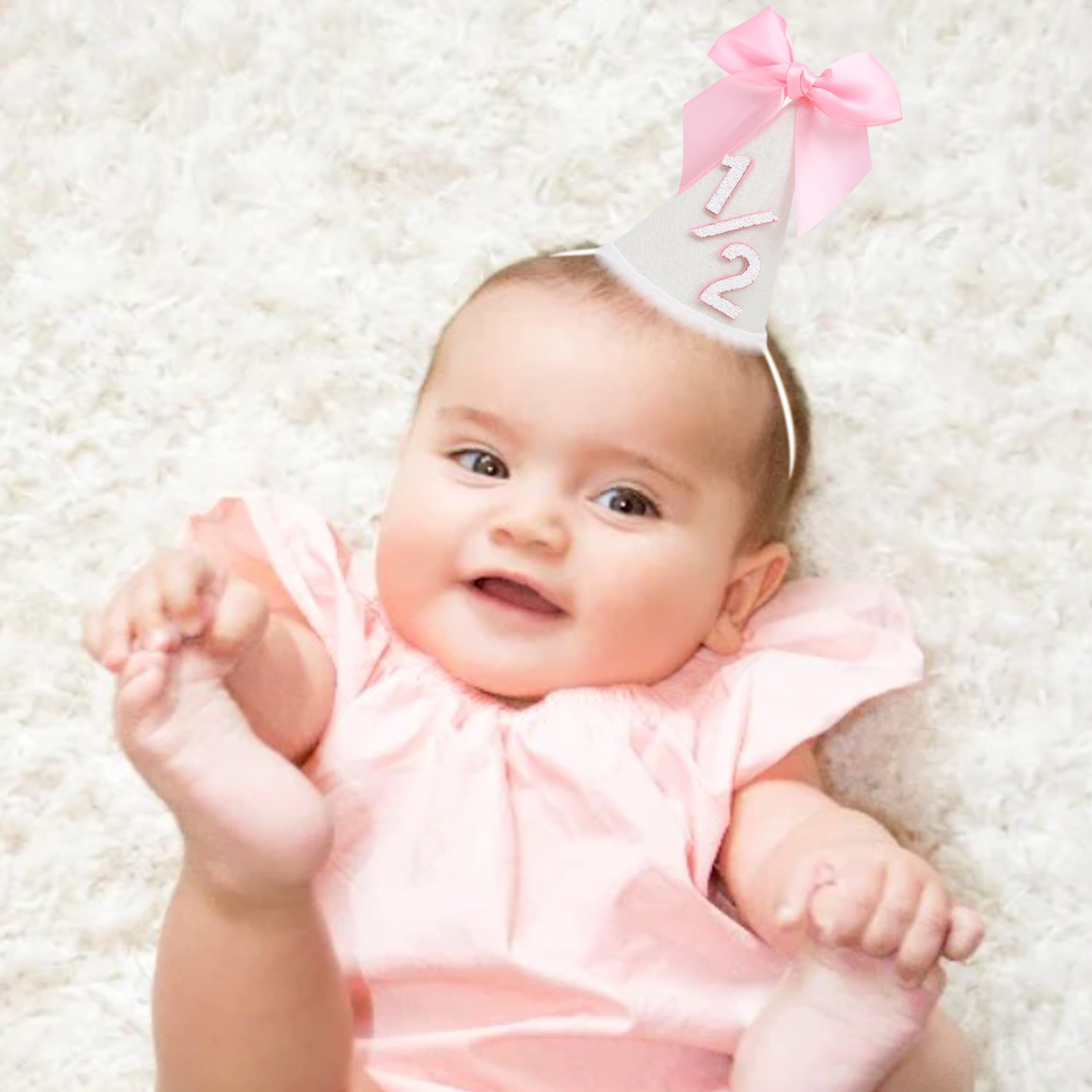 PATRDIO Pink Bow 1/2 Birthday Hat - Adjustable Felt Half Birthday Hat for Girls, First Birthday Party Crown
