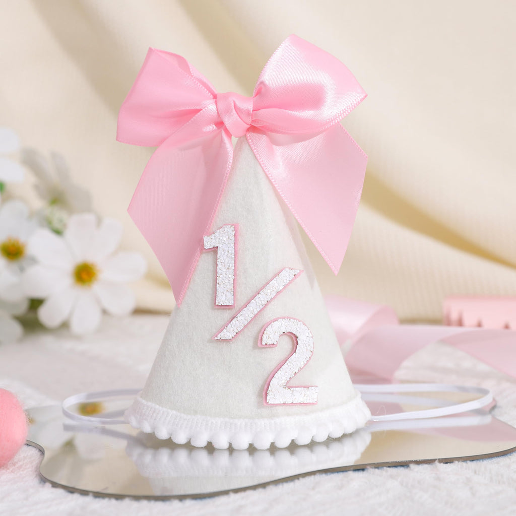PATRDIO Pink Bow 1/2 Birthday Hat - Adjustable Felt Half Birthday Hat for Girls, First Birthday Party Crown
