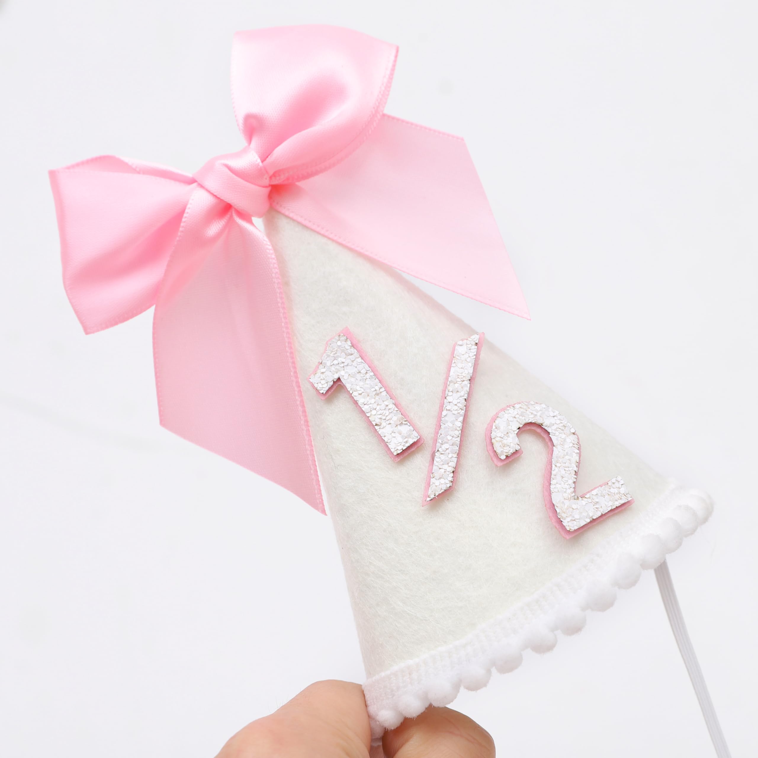 PATRDIO Pink Bow 1/2 Birthday Hat - Adjustable Felt Half Birthday Hat for Girls, First Birthday Party Crown