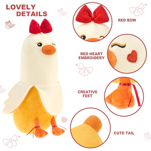 PEACH CAT 12" Banana Duck Plush Toy – Soft Plush Pillow with Red Bow and Heart, Sweet Gift for Girlfriend or Kids