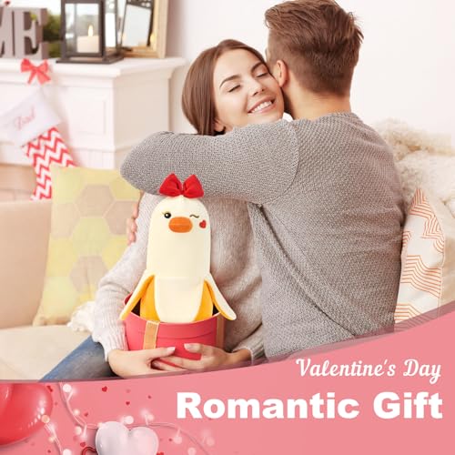 PEACH CAT 12" Banana Duck Plush Toy – Soft Plush Pillow with Red Bow and Heart, Sweet Gift for Girlfriend or Kids