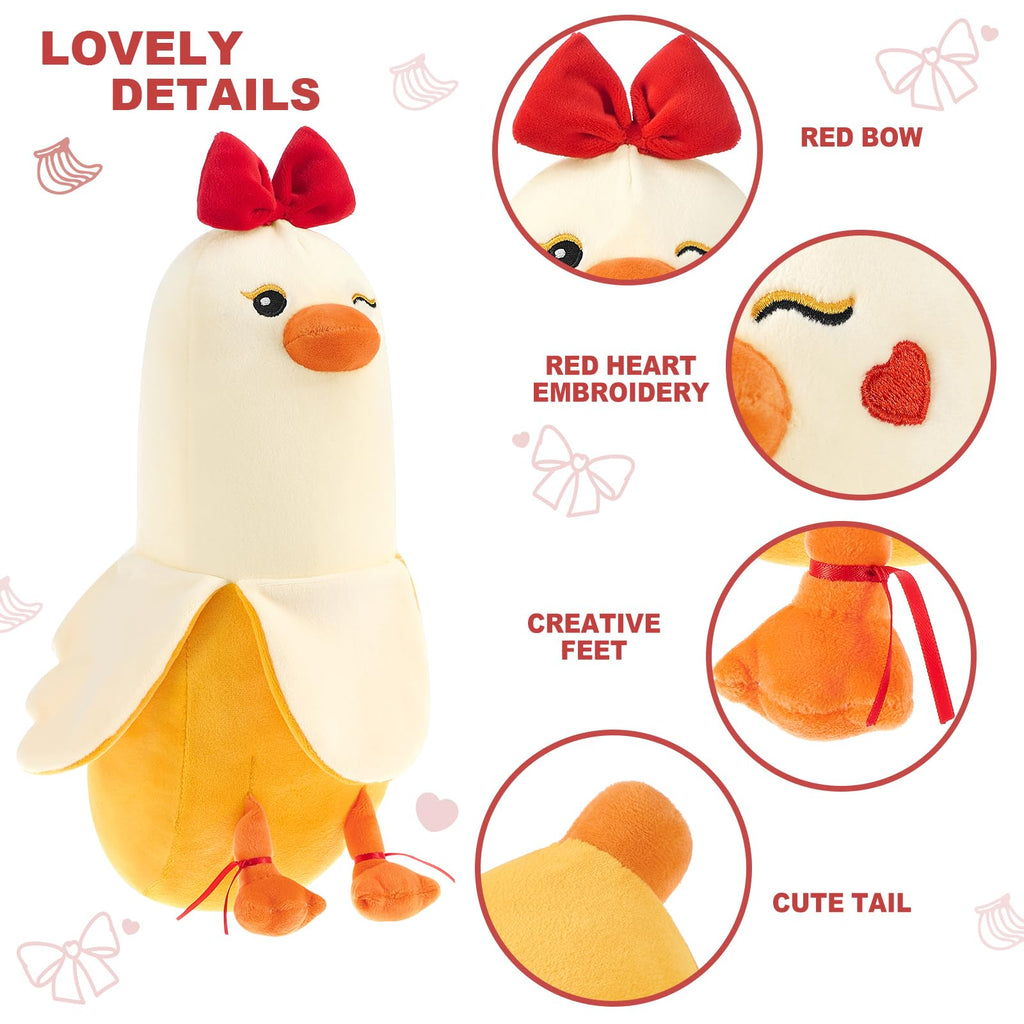 PEACH CAT 12" Banana Duck Plush Toy – Soft Plush Pillow with Red Bow and Heart, Sweet Gift for Girlfriend or Kids