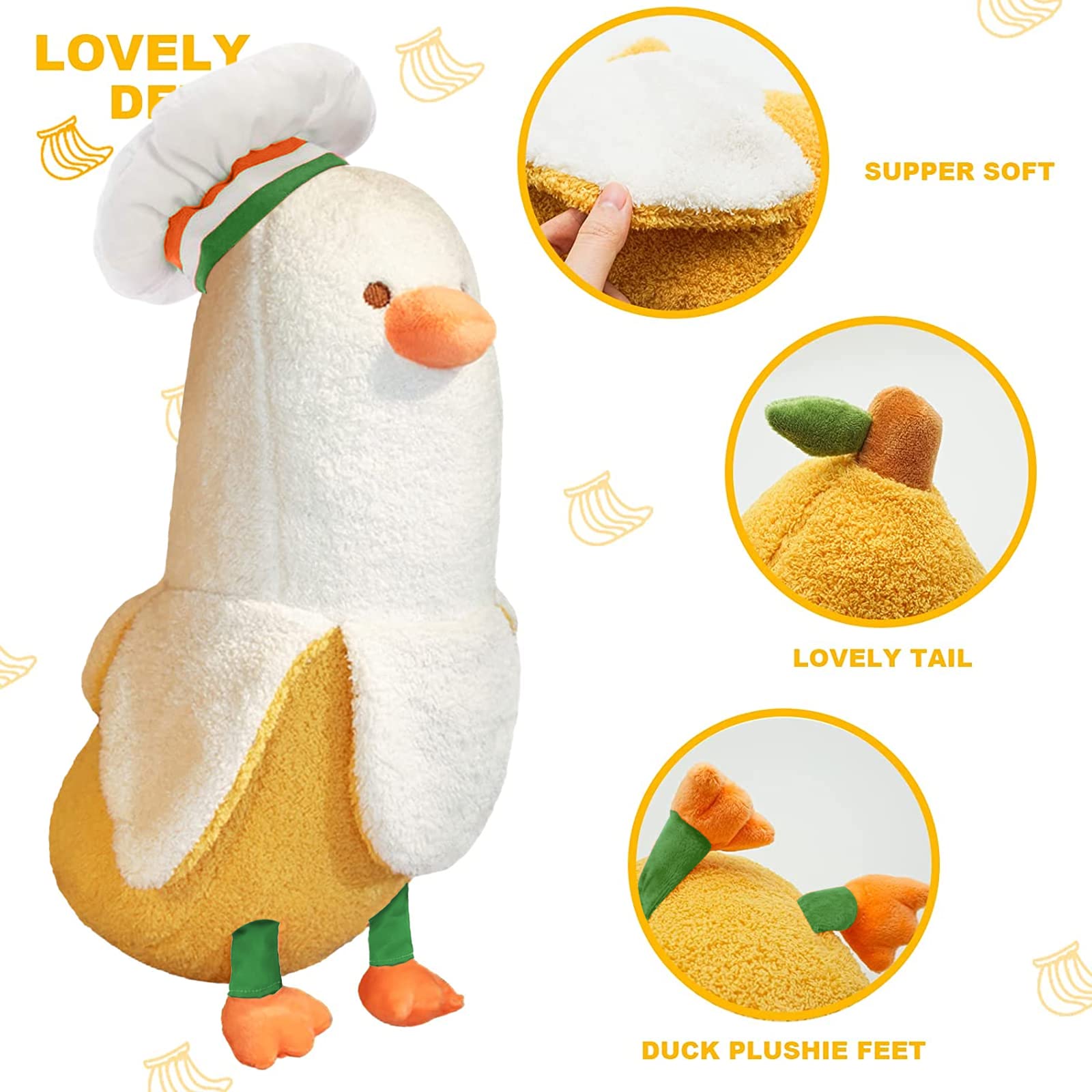 PEACH CAT Banana Duck Plush Pillow – 12" Soft Stuffed Animal with Chef Hat, White