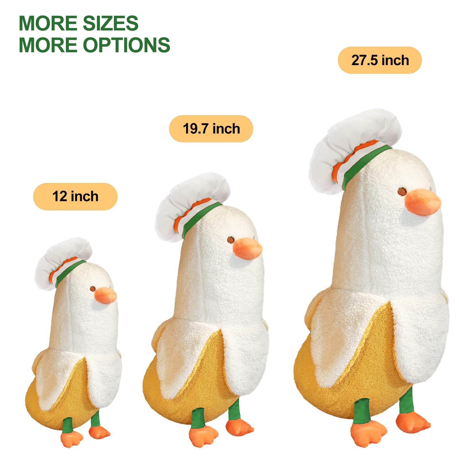 PEACH CAT Banana Duck Plush Pillow – 12" Soft Stuffed Animal with Chef Hat, White