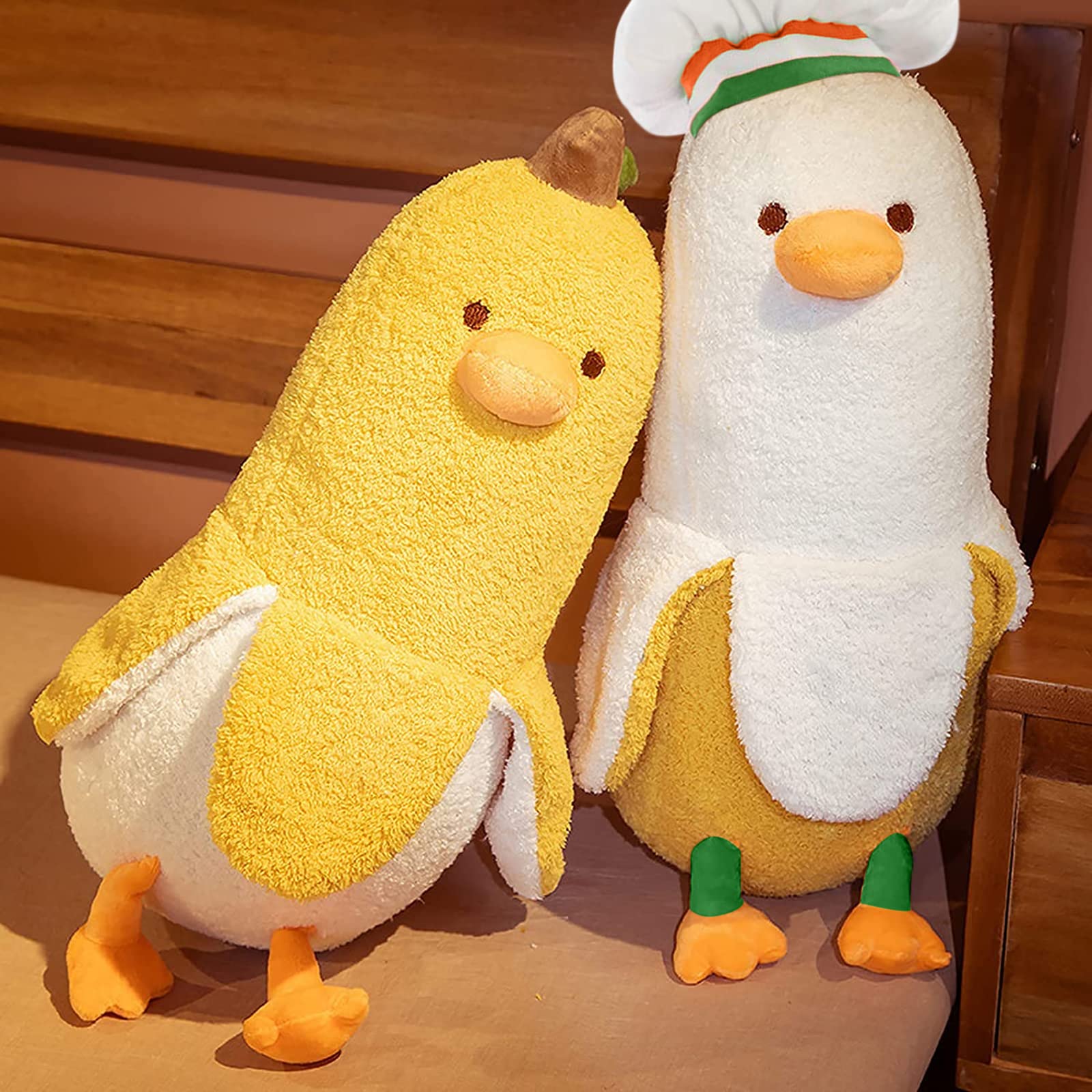 PEACH CAT Banana Duck Plush Pillow – 12" Soft Stuffed Animal with Chef Hat, White