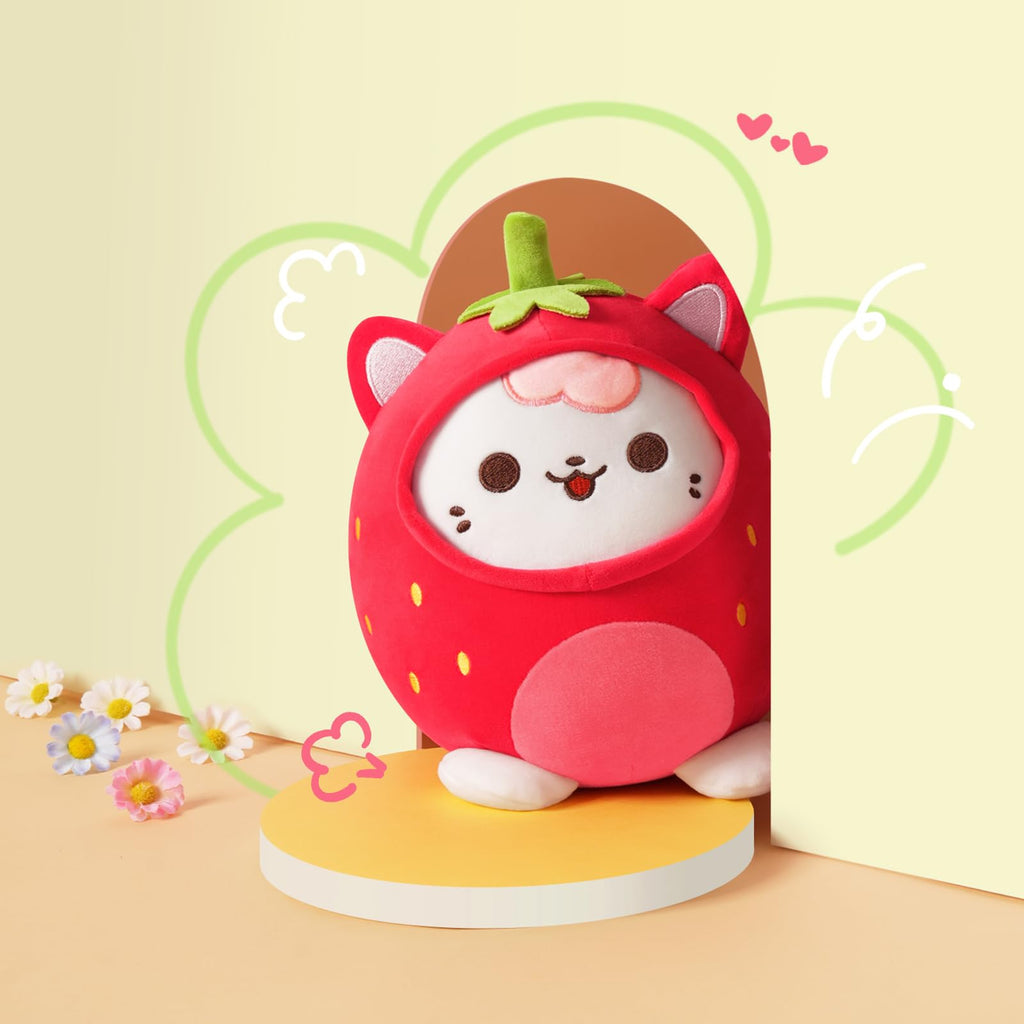 PEACH CAT Strawberry Cat Plush Pillow - 8-Inch Cute Stuffed Animal with Strawberry Outerwear
