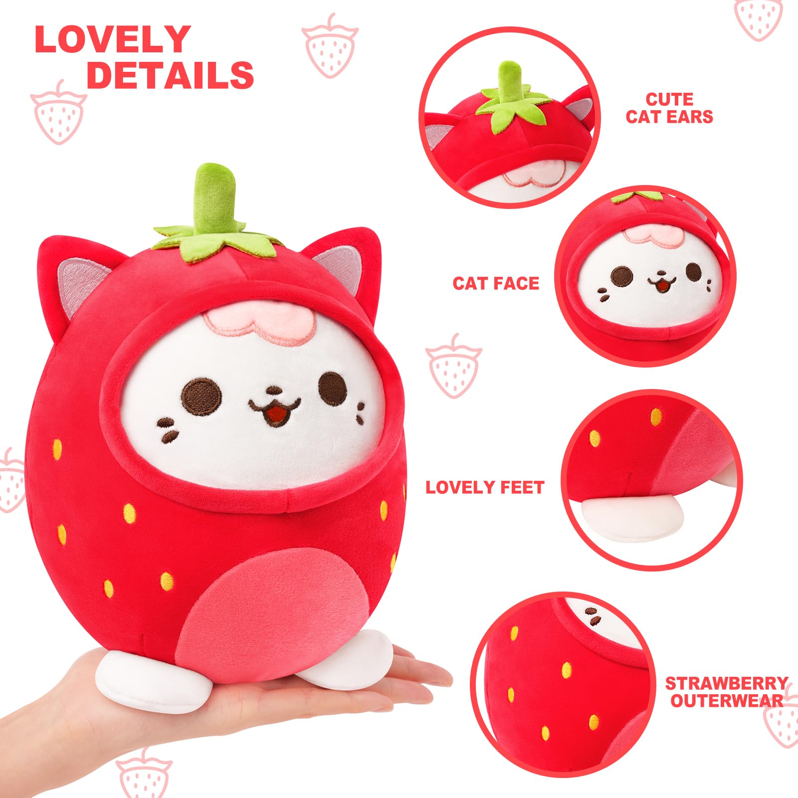 PEACH CAT Strawberry Cat Plush Pillow - 8-Inch Cute Stuffed Animal with Strawberry Outerwear