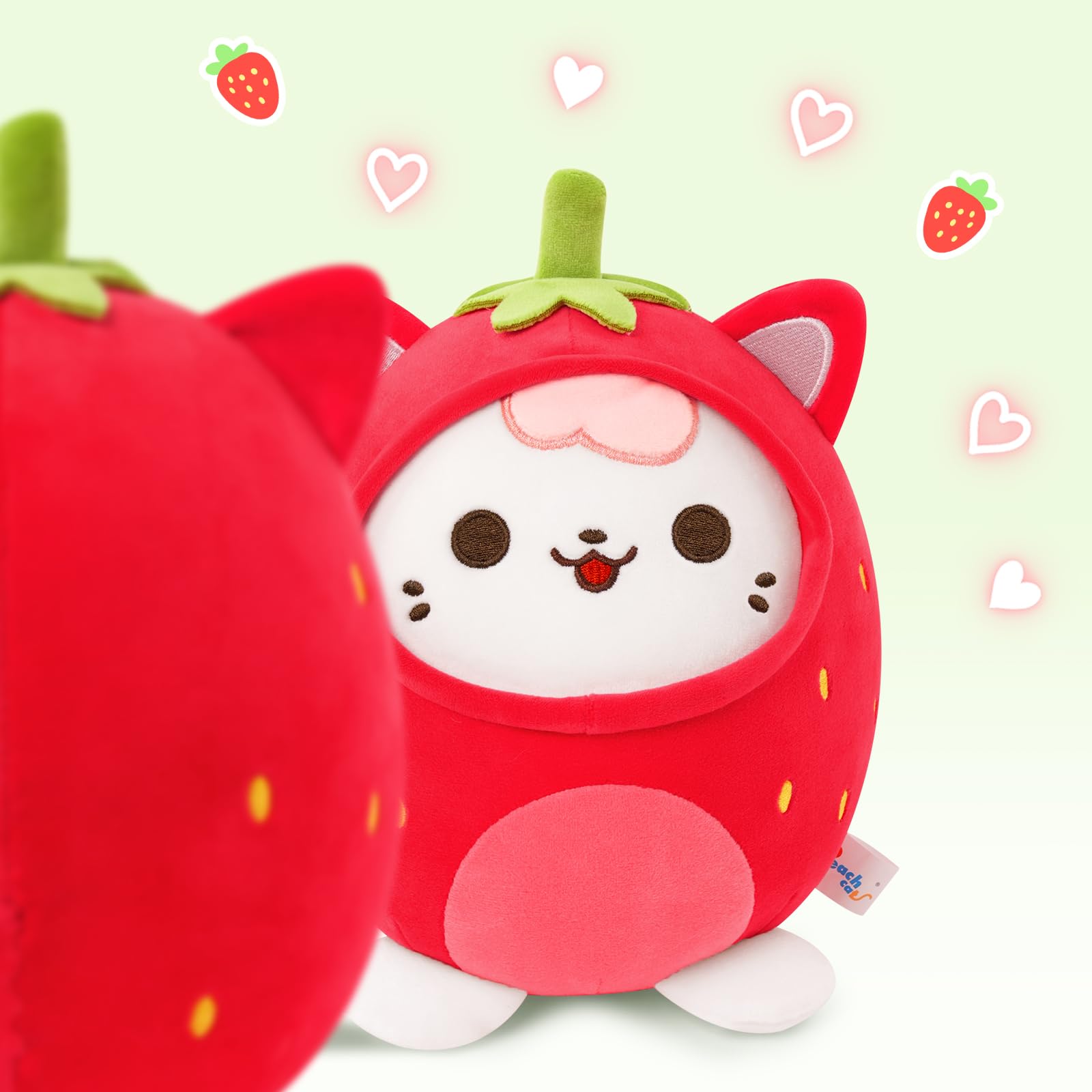 PEACH CAT Strawberry Cat Plush Pillow - 8-Inch Cute Stuffed Animal with Strawberry Outerwear