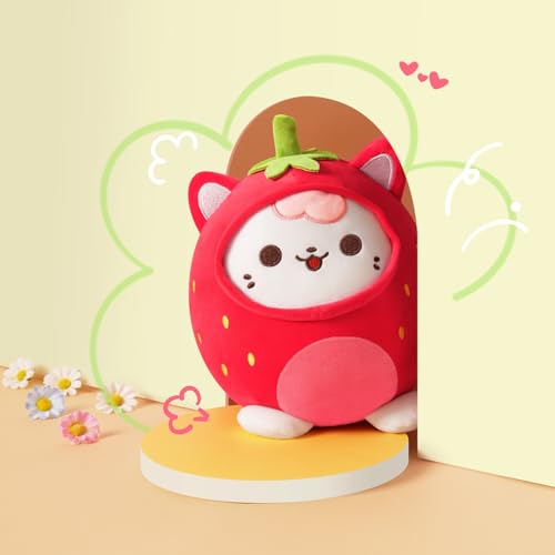 PEACH CAT Strawberry Cat Plush Pillow - 8-Inch Cute Stuffed Animal with Strawberry Outerwear