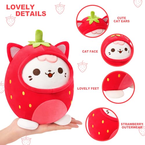 PEACH CAT Strawberry Cat Plush Pillow - 8-Inch Cute Stuffed Animal with Strawberry Outerwear
