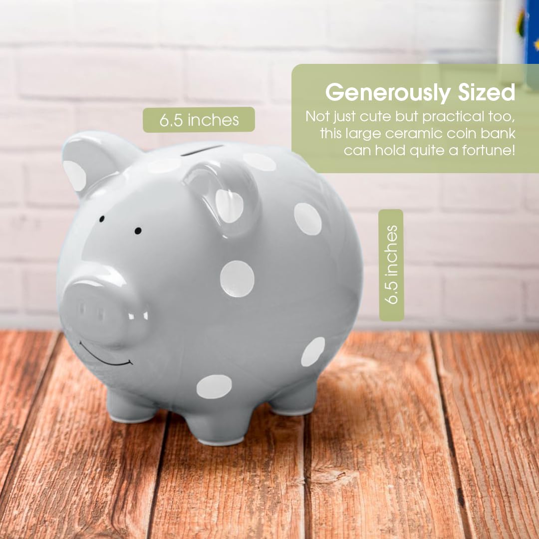 Pearhead Gray Polka Dot Ceramic Piggy Bank – Gender-Neutral Coin Bank for Kids