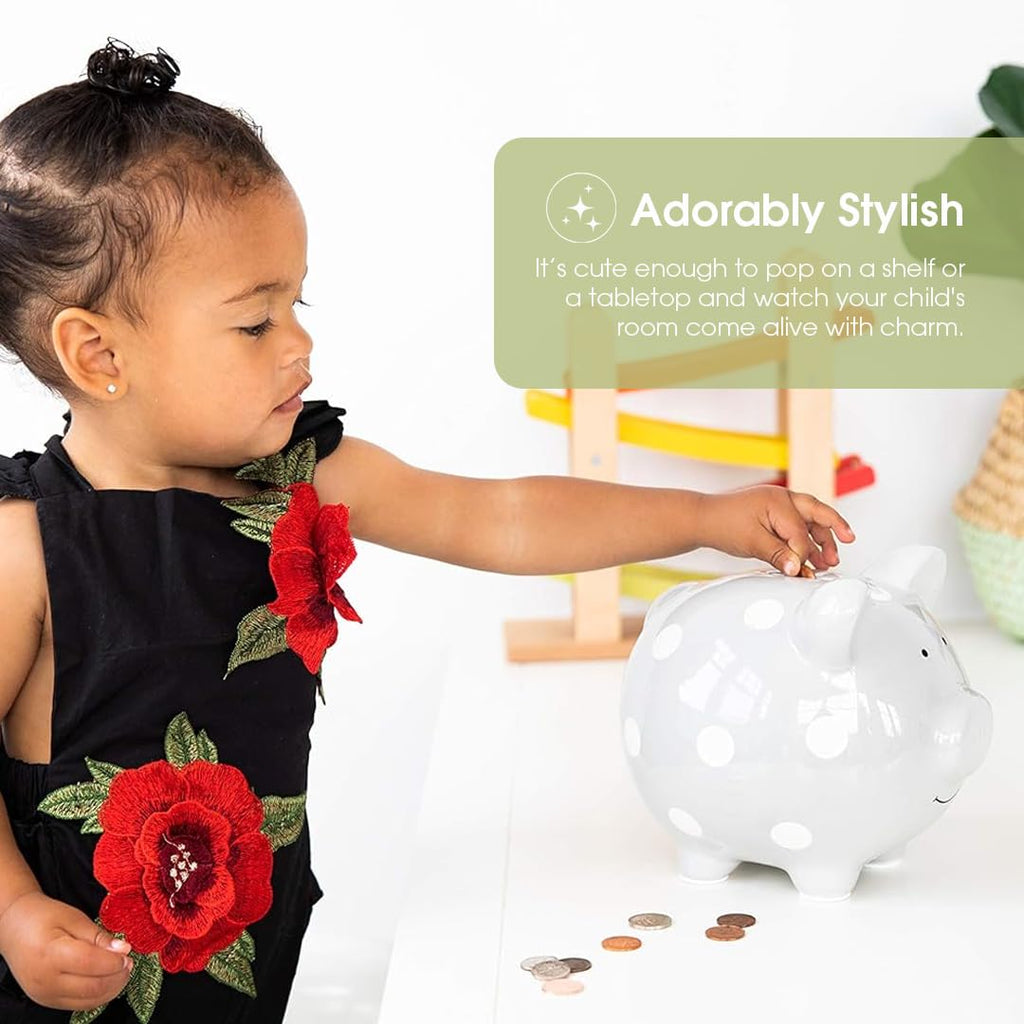 Pearhead Gray Polka Dot Ceramic Piggy Bank – Gender-Neutral Coin Bank for Kids