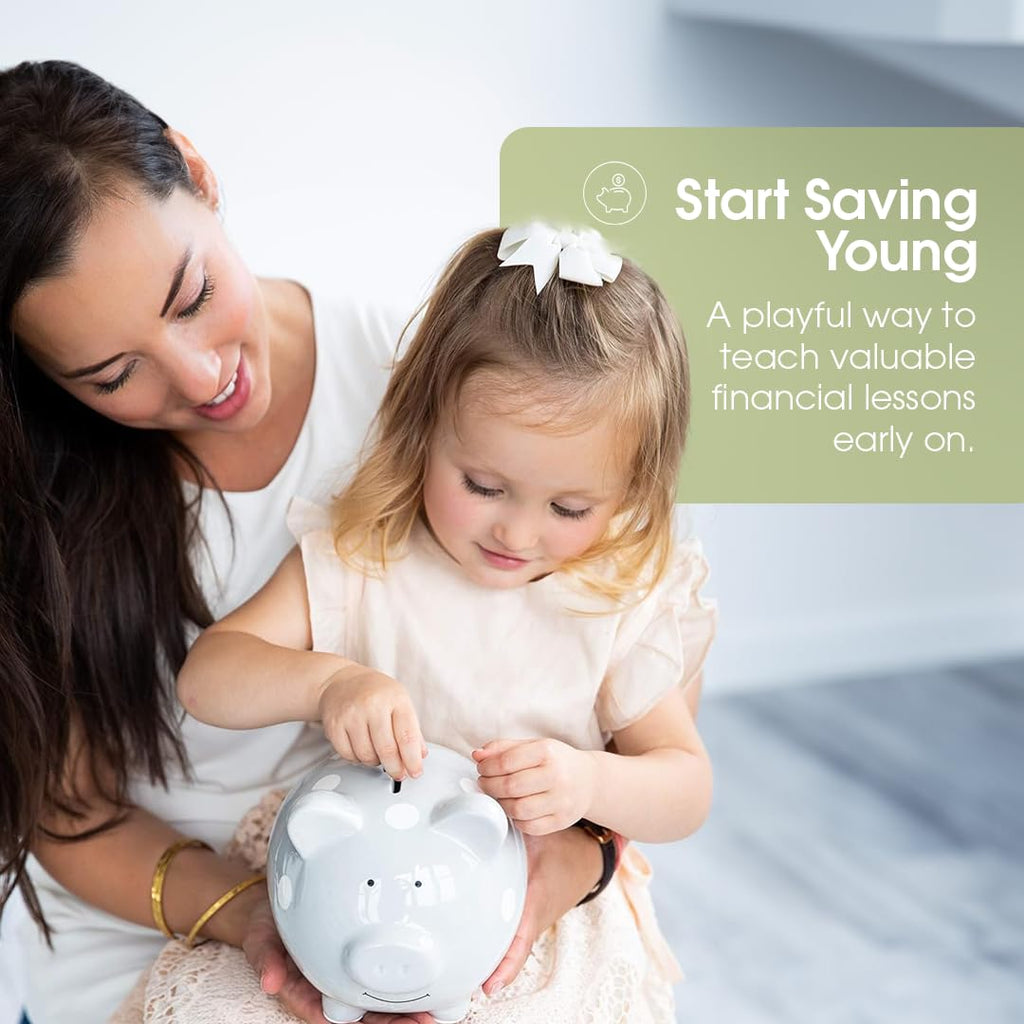 Pearhead Gray Polka Dot Ceramic Piggy Bank – Gender-Neutral Coin Bank for Kids