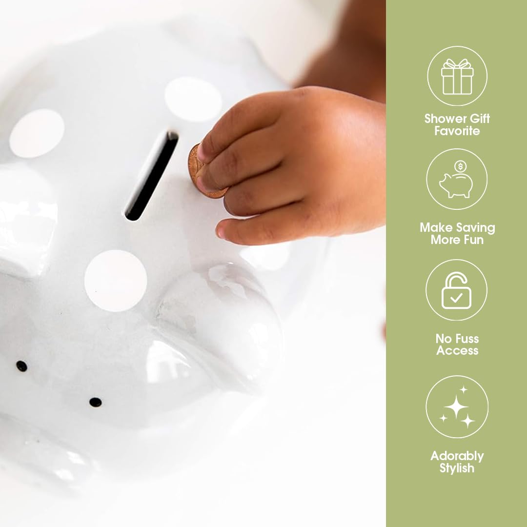 Pearhead Gray Polka Dot Ceramic Piggy Bank – Gender-Neutral Coin Bank for Kids