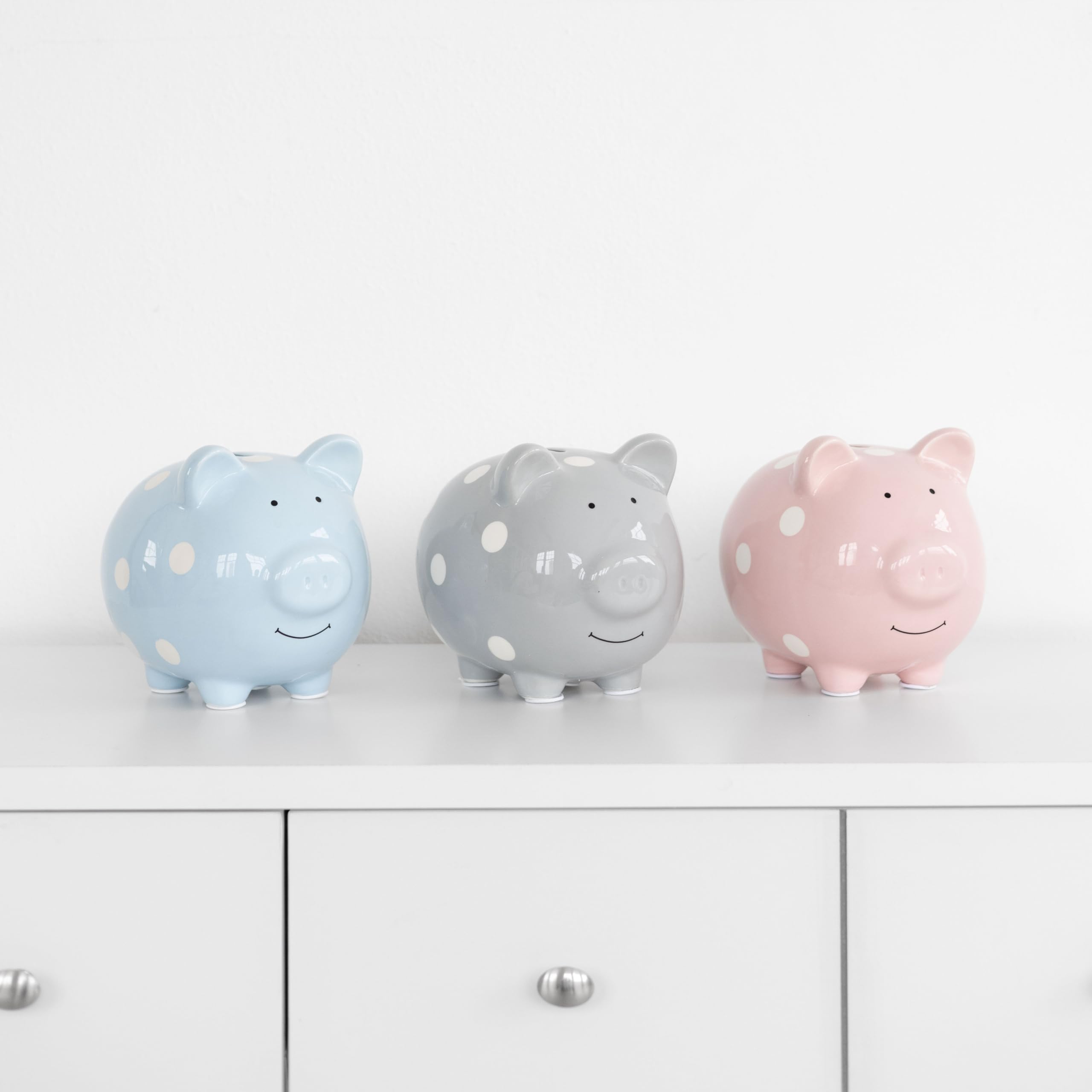 Pearhead Gray Polka Dot Ceramic Piggy Bank – Gender-Neutral Coin Bank for Kids