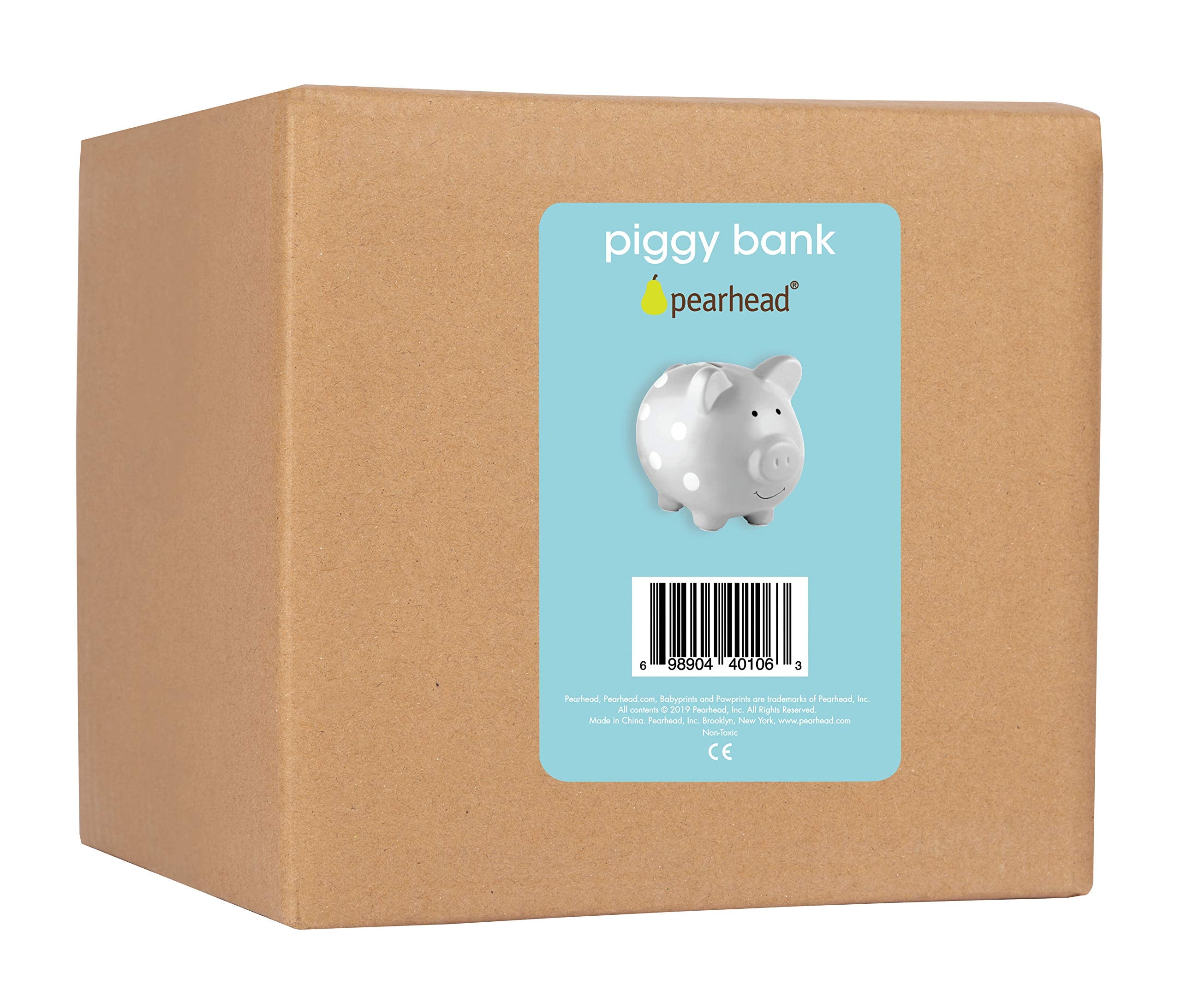 Pearhead Gray Polka Dot Ceramic Piggy Bank – Gender-Neutral Coin Bank for Kids
