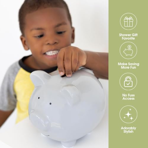 Pearhead Large Ceramic Piggy Bank in Solid Gray – Coin & Bill Bank for Kids, Nursery Décor, Baby Gift