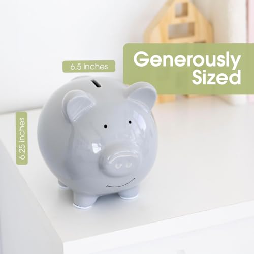 Pearhead Large Ceramic Piggy Bank in Solid Gray – Coin & Bill Bank for Kids, Nursery Décor, Baby Gift