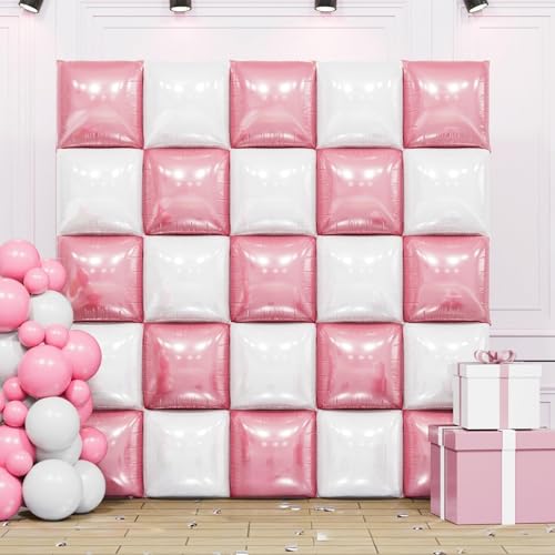 Pearl Pink & White Double Sided Square Foil Balloon Wall Kit – 25 Pack, 19 Inch Aluminum Balloons for Party Decor
