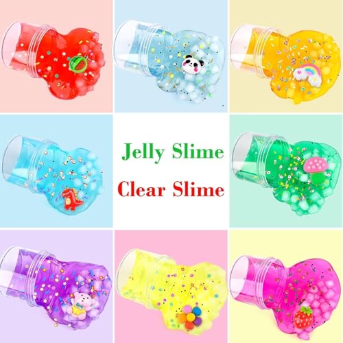 Peceluv 8 Pack Clear Crystal Slime Kit - Jelly Cube Crunchy Slime with Charms for Kids Stress Relief