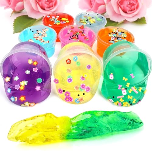 Peceluv 8 Pack Clear Crystal Slime Kit - Jelly Cube Crunchy Slime with Charms for Kids Stress Relief