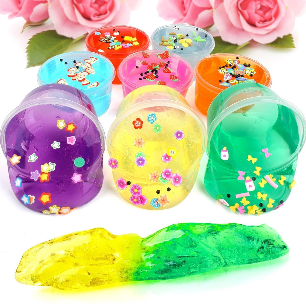 Peceluv 8 Pack Clear Crystal Slime Kit - Jelly Cube Crunchy Slime with Charms for Kids Stress Relief