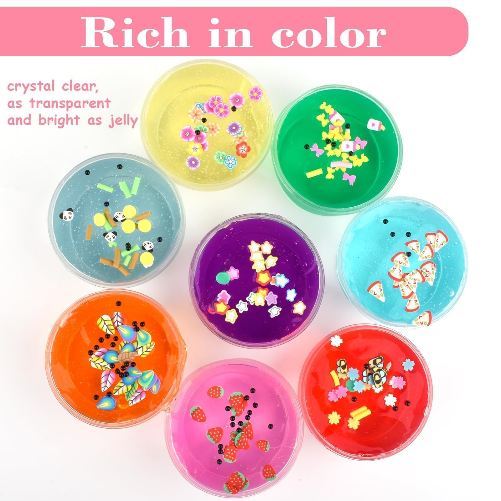 Peceluv 8 Pack Clear Crystal Slime Kit - Jelly Cube Crunchy Slime with Charms for Kids Stress Relief