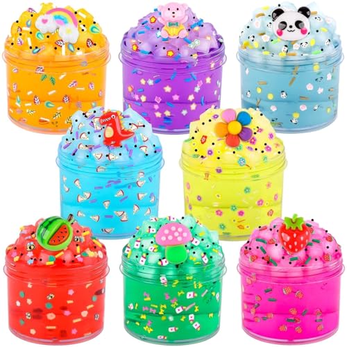 Peceluv 8 Pack Clear Crystal Slime Kit - Jelly Cube Crunchy Slime with Charms for Kids Stress Relief