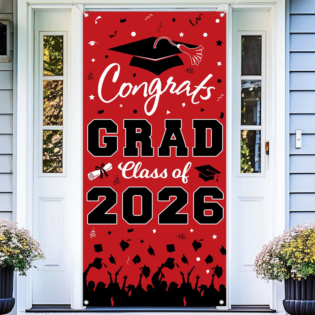 Pedel Graduation Door Cover 2026 - Red Black Congrats Grad Class of 2026 Banner 72x35 Inch
