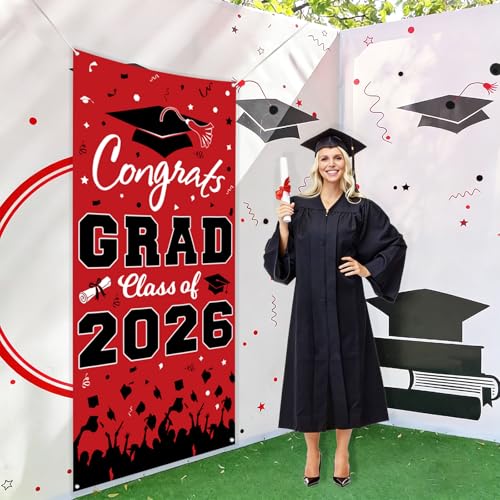 Pedel Graduation Door Cover 2026 - Red Black Congrats Grad Class of 2026 Banner 72x35 Inch